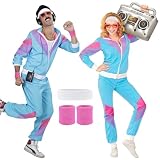 BONHHC Kostüm 80er Jahre, 90er Jahre Outfit Herren Damen, Trainingsanzug Disco, Retro Style Jogginganzug para Karneval Bad Taste Party Faschingskostüme(Blau S