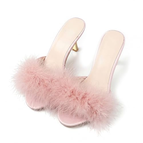 YIBLBOX Women's Round Toe Sandal Fluffy Feather Sexy Slippers Kitten Heeled Slippers Pink 7.5