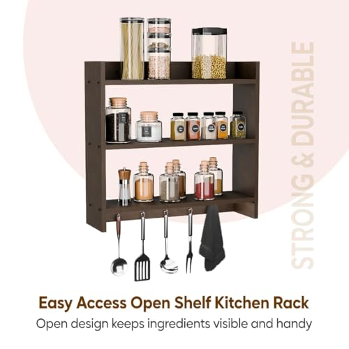 Image of Shoper cart Modern Kitchen Wall Shelf with Hooks, 3-Tier White and Beech Wood Storage Rack, 55 x 50 cm, Utensil Organizer with Spice Jar Display (Brown)