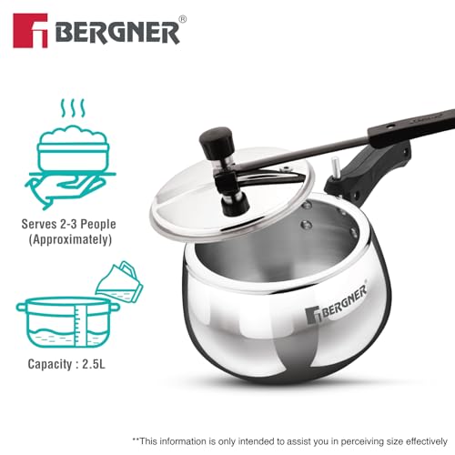 Image of Bergner Shouraya Triply Stainless Steel 2.5 Litres Inner Lid Pressure Cooker, Belly Shape, Faster and Even Heat Distribution, Healthy Cooking, ISI-Certified - Induction and Gas Stove Ready