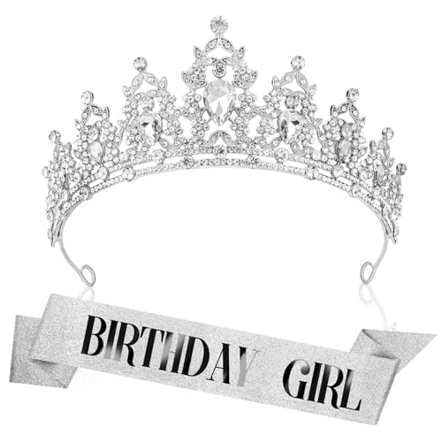 Rghsz CROWN-SILVER-WHITE Birthday Crown Headband Birthday Sash Crowns cover