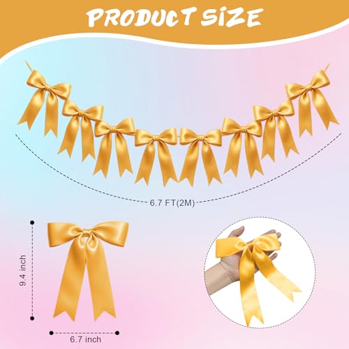 Image of 2 Strings of 16PCS Golden Bow Garlands Banner Decoration,Pre-Strung Satin Ribbon Ornaments for Birthday,Bachelorette Party,Bridal Shower,Wedding,Engagement,Baby Shower,Graduation Decor,Anniversary