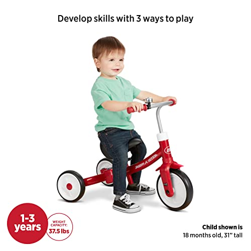 Radio Flyer Triple Play Trike, For Ages 1-3, 3-in-1 Ride-On, Tricycle or Balance Bike, Tool-Free Transformation, Adjustable Padded Seat, Pedal Storage, Ringing Bell, Steel Frame, Tricycle for Toddlers