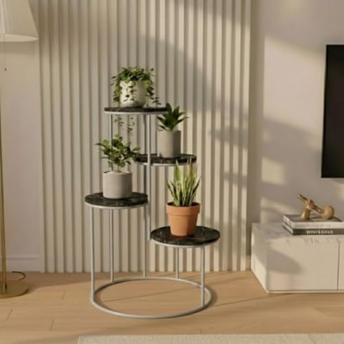 Image of Modern 4-Tier Plant Stand Indoor Metal & Wood | 60 cm Tall Multi-Level Flower Pot Stand | Heavy Duty Corner Plant Rack for Living Room, Balcony, Garden | Decorative Plant Holder for Indoor Use (Black Silver)