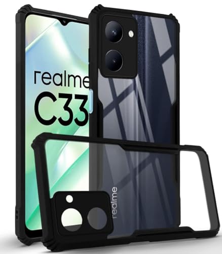 Image of Jkobi Back Case Cover for Realme C33 (Polycarbonate with Shockproof Clear Panel | Crystal Glass Back | Camera Protection | Black)
