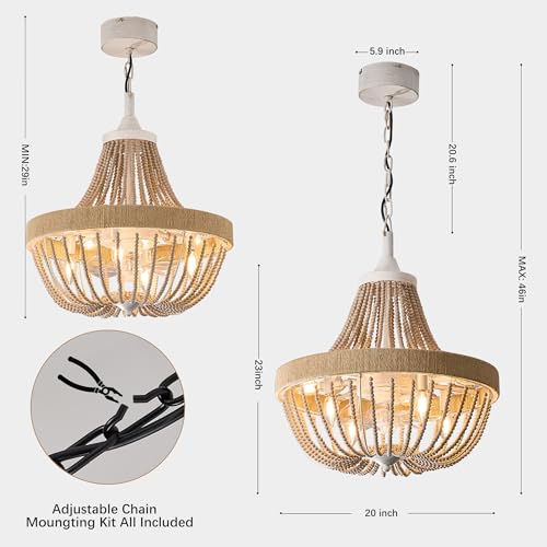 HEMLDAN Vintage Bohemian Empire Chandelier Fan with 64 Wood Bead Strands, 7-Blade Invisible Fan, Antique White Gold Finish Ceiling Fan for Living Room, Bedroom(White Gold, 20'' Boho Style) - Image 3