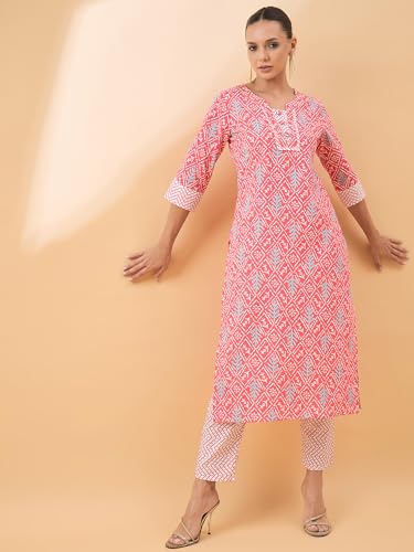 Image of Winza Designer Geometric Printed Red Cotton Kurta Sets for Woman | Kurtasets | Kurti with Pant Co Ord Set for Women | Kurtas Kurtis | Cordset | Coordset