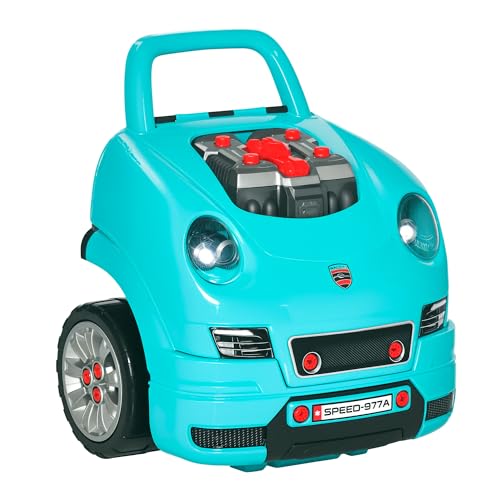 HOMCOM Motor de Camión para Niños de +3 Años Conjunto de Motor de Juguete con 61 Piezas Volante Bocina Faros Caja de Almacenaje y Ruedas 40x39x47 cm Turquesa