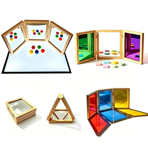 Montessori & Reggio Sensory Tri-Fold Mirror Early Classroom Observation Area Light and Shadow Play Multi-Dimensional Angle Observation Suitable for Light Table