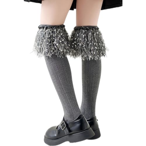 Montesy Soft and Comfortable Children's Middle Calf Socks Stackable Socks with Long Tassels Design for Fashionable Look, Gray, Large