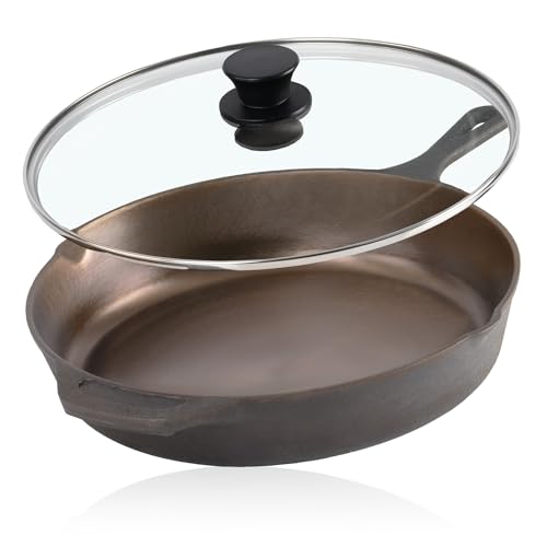 Mahlzeit Polierte Gusseisenpfanne mit Deckel 29,5 cm | Bratpfanne mit zwei Ausgießern | Grillpfanne Deckel, Universalpfanne, Feuerpfanne, Gusspfanne poliert | Bratpfanne mit Deckel, Hoher Rand