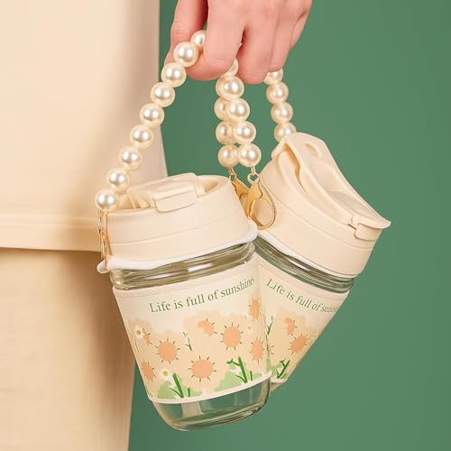 Image of Aesthetic Moti Mug with Pearl Chain Belt & Sleeve 350 ML, Set of 2 Coffee Glass Tumbler with Lid and Straw, Travel Sipper Cup for Coffee, Tea, Juice, Milk Cute Flower Design for Kids