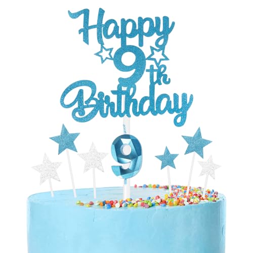 iNINGER 9th Birthday Candles & Toppers - Blue Number 9 Cake Candles, Star Toppers for Boys & Girls 9th Birthday & Wedding Anniversary