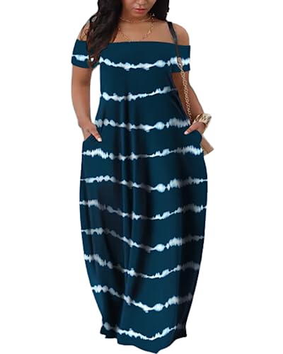 HTHCHENG Vestido largo de verano para mujer, con estampado 3D, hombros descubiertos, camuflaje, bohemio, para la playa, Rayas azules, XXL