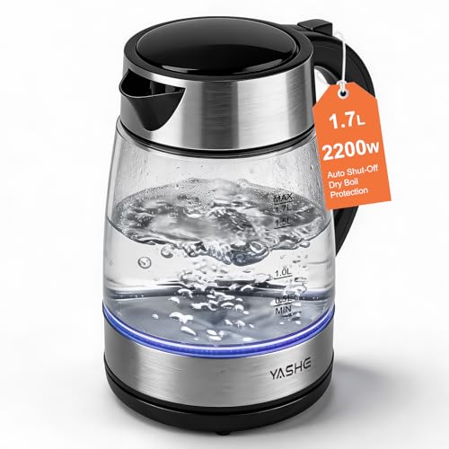 YASHE Electric Glass Kettle 1.7L 2200W Fast Boil With LED Light