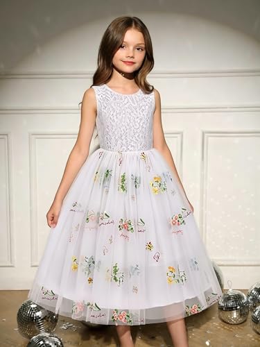 EULIMENE Pageant Dresses for Girls Sleeveless Party Princess Birthday Dress Floral Tulle Tutu Dress Ball Gown Junior Bridesmaid Dresses for Wedding White 4-5Y — view 4