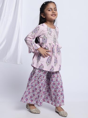 Image of superminis Girls Cotton Floral Printed Gotta Work Full Sleeves Kurti and Matching Sharara Ethnic Wear Set