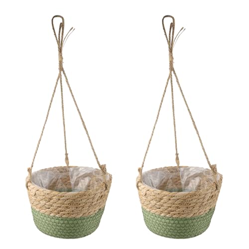 MY MIRONEY 2PCS Hanging Planter Basket Natural Seagrass Woven Plant Pot Hanger Hanging Plant Holder with Twine for Home Decor, Indoor & Outdoor Use, 8.11" x 4.96", Green