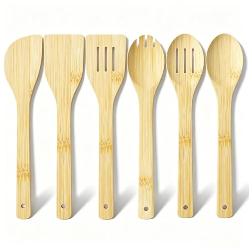 MeoZynxadril 6 Pièces Ustensiles de Cuisine en Bambou - Spatule, Cuillère en Bois - Ensemble pour la Cuisine