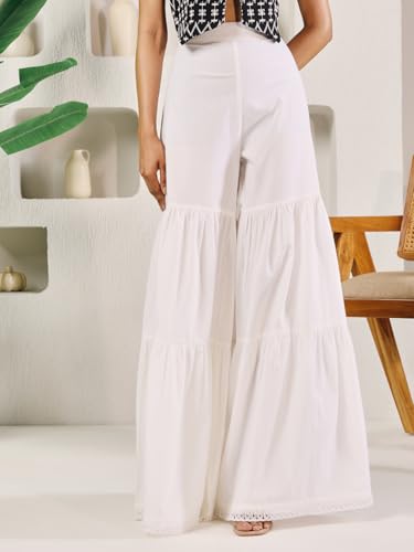Image of FIORRA Women Relaxed Fit White Cotton Tiered Sharara