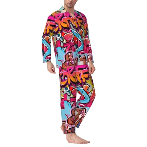MENRIAOV Mens Graffiti Wall Urban Hip Hop Background Pajama Set Sleepwear Long Sleeve Button Shirt Pants2