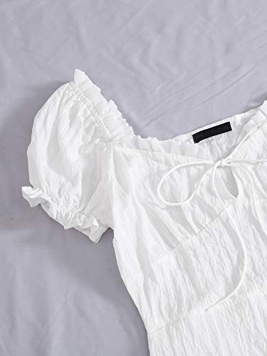 Floerns Women's Sweetheart Neck Puff Sleeve Ruch Frill Trim Tie Front Mini Dress White M - Image 4