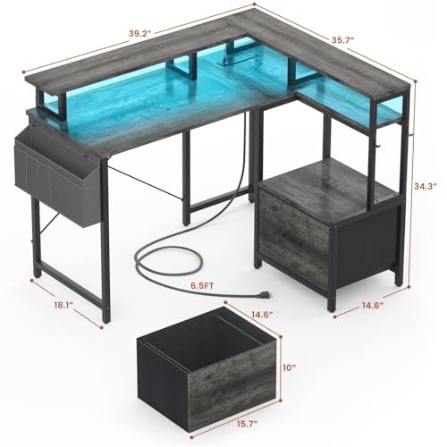 Homieasy-Small-Computer-Desk-with-File-Drawer-Cabinet-L-Shaped-Office-Desk-with-Printer-Stand-Monitor-Stand-39-Inch-Gaming-Desk-with-Power-Outlets-Led-Light-Storage-Bag-Hanging-Hooks-Black-Oak