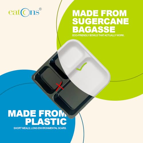 Image of EATONS 3-Compartment, 100 Pack Bagasse Meal Tray Disposable 9 Inch Plates | Compostable Sugarcane Paper Plates with Cover | Thali, Party, Take Away | Square | White