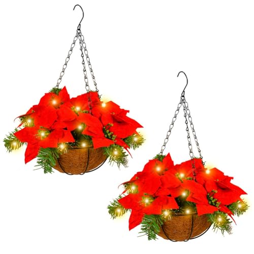 2PCS Pre lit Christmas Hanging Basket 17in Artificial Poinsettia Christmas