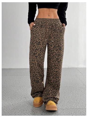 Floerns Women's Y2k Leopard Print Pants Drawstring Waist Wide Leg Loose Trousers4