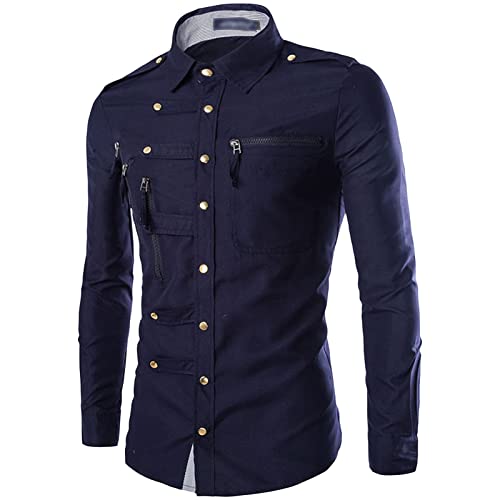 Maiyifu-GJ Men's Casual Business Dress Shirt Regular Fit Button Down Shirts Solid Slim Fit Long Sleeve Western Shirts (Dark Blue,Medium)