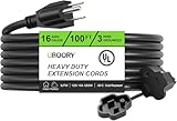 UBOORY Outdoor Extension Cord Waterproof 100 FT, Black 16/3 SJTW Heavy Duty, Flexible 100% Copper 3 Prong Extension Cord for Lawn, Garage,UL Listed