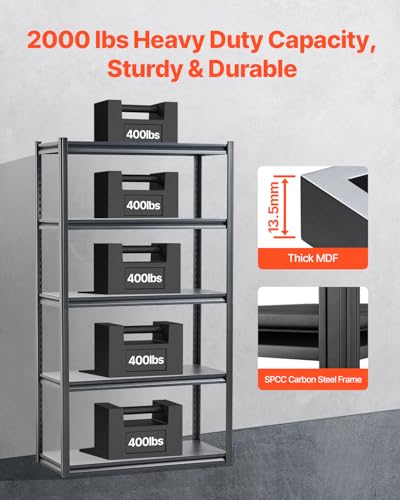 Image of VEVOR Storage Shelves, 2000 lbs, 5 Tier Garage Storage Shelving, 18 inch D x 40 inch W x 72 inch H Adjustable Metal Shelves for Garage Shelves Utility Rack Shelf, Ideal for Kitchen, Warehouse, Basement, Black