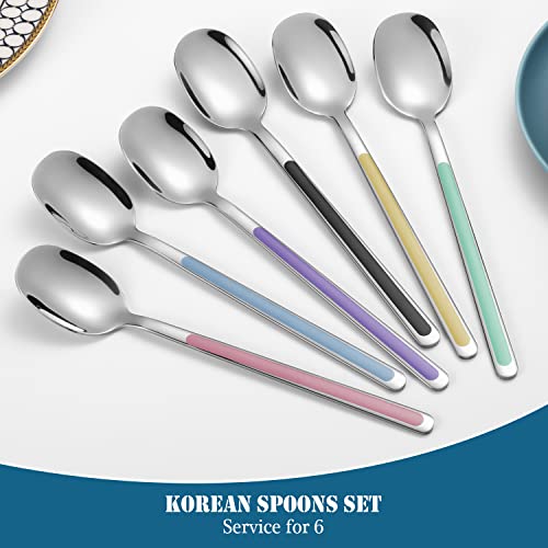 6 Piece Spoons Set, 18/10 Stainless Steel Korean Spoons Silverware, Long Handle Spoons Use For Iced Tea, Ice Cream, Dessert, Rice, Colorful Soup Spoons For Stirring, Dishwasher Safe, 8.07 Inch #TOP6