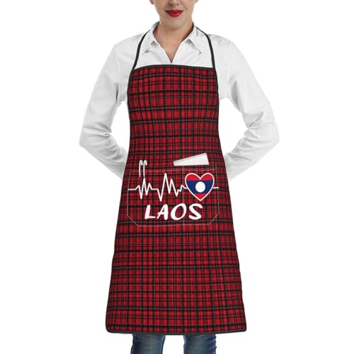 nopicsn Laos Heartbeat Apron for cooking with Pockets Women Men Kitchen Chef Funny Aprons