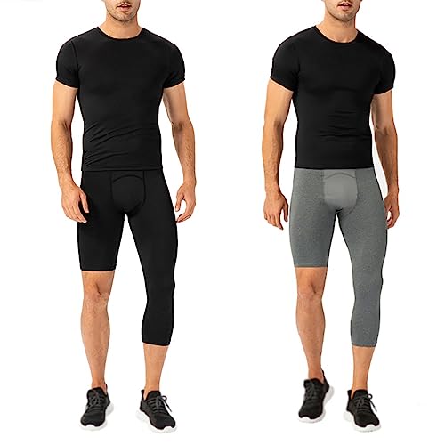 Valcatch 2 Pcs One Leg Compression Tights Basketball Men's 3/4 Legging Pants Sports Base Layer with Mesh Fabric Athletic Cup
