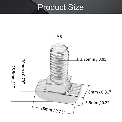 Mromax M8-1.25X20Mm T Slot Bolts Carbon Steel Drop-In Stud Sliding Screw Bolt Metric Hammer Head Bolt For European Standard 45 Series Aluminum Extrusions Silver 5Pcs #TOP1