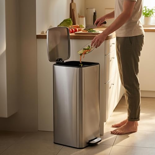 Kosz na śmieci Relaxdays, 60 l, do kuchni, wyjmowany wkład, pedał nożny, cichy domyk, stal nierdzewna, srebrny