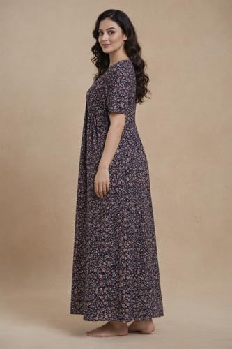 Image of Bahumaan Cotton Nighty for Women Full Length Stylish | Floral Print Cotton Maxi Dress for Women with Pocket | Sleepwear Gown for Women
