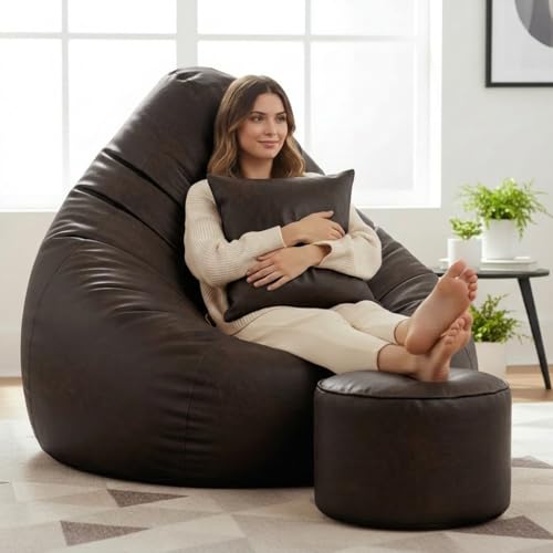 Image of KAM'S LIEU 6XL Jumbo Premium Bean Bag Chair with Footrest & Cushion | Filled with High Density EPS Beans | Comfortable Sofa for Living Room & Bedroom | 6 Months Warranty, Color- (Brown, 6XL, Premium)
