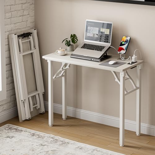 Image of Frylr Small Folding Computer Desk - 35.8 Inch Portable Table for Craft and Study, Lightweight Desk for Small Spaces, Foldable Laptop Table Built-in AC /USB Outlets for Convenience, White Ash