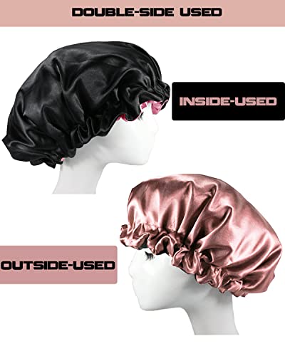 MUFEKUM Satin Sleep Cap, Large Adjustable Double Sided Pink & Black, Silk Bonnet for Women Girls Curly Hair Protection - Image 2