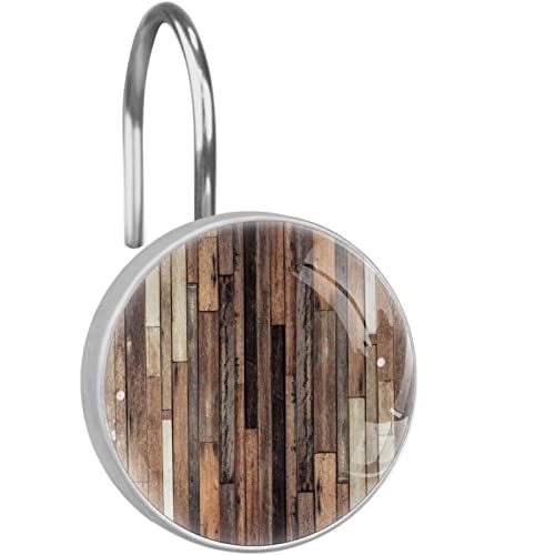 LORVIES Brown Old Hardwood Floor Plank Shower Curtain Hooks Set of 12, Stainless Steel Shower Hooks Decorative Hanger Rings Rust Resistant for Bathroom Kids Room Fashion Home Decor