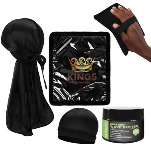 KINGS OF WAVES Ultimate 360 Wave Kit for Men - Wave Pomade & Butter (No Buildup) Silky Durag Breathable Wave Cap & Laydown Pad - Deep Wave Training System for Coily Hair (Wave Butter Training kit)