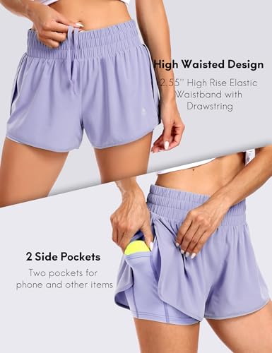 Haimont Short de corrida feminino 2 em 1 de cintura alta com bolsos com cordão de compressão de 7,6