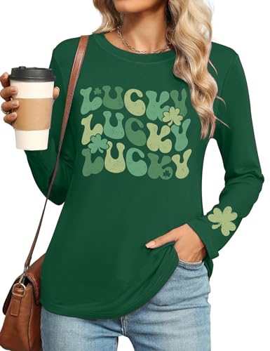 St Patricks Day Shirt Women Retro Lucky Clover Tshirt Irish Shamrock Long Sleeve Graphic Tee Tops(Green2,X-Large)