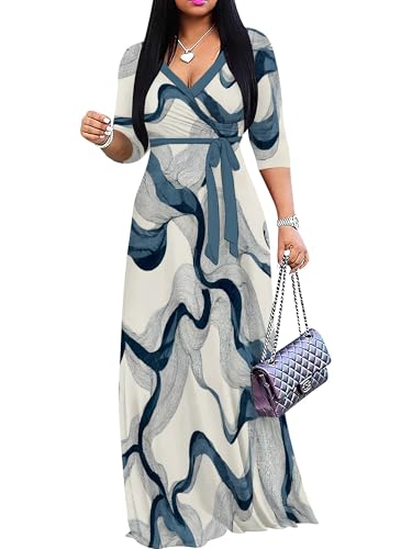 Image of Women Plus Size Long Sleeve V Neck Maxi Dress with Belt | Soft fabric relaxed fit three quarter sleeve v neck with pockets for party and daily wear