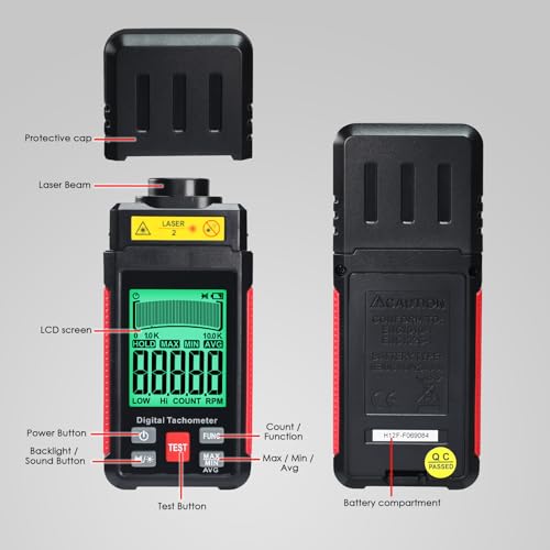 Berührungsloser Drehzahlmesser mit Reflexionsband, Hochpräziser Digitaler Laser Tachometer (10–99.999 U/min) mit Großem LCD Display, Hintergrundbeleuchtung Sowie Max/Min/AVG Funktion und Data Hold