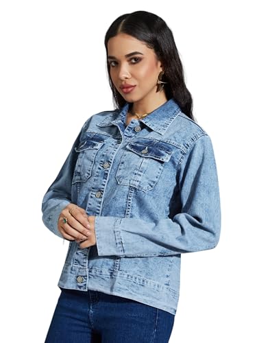 Image of Miss Chase Women's Polo Neck Full Sleeves Patch Pocket Denim Overcoat Knee-Length Jacket