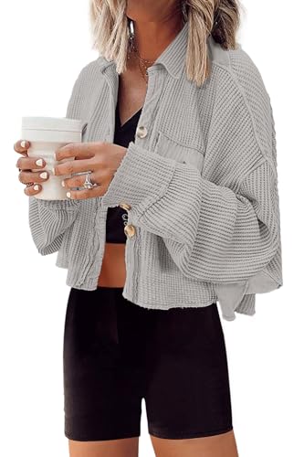 Image of Panadila Women's Cropped Waffle Knit Shacket Short Button Down Jacket Batwing Sleeve Shirts with Pocket